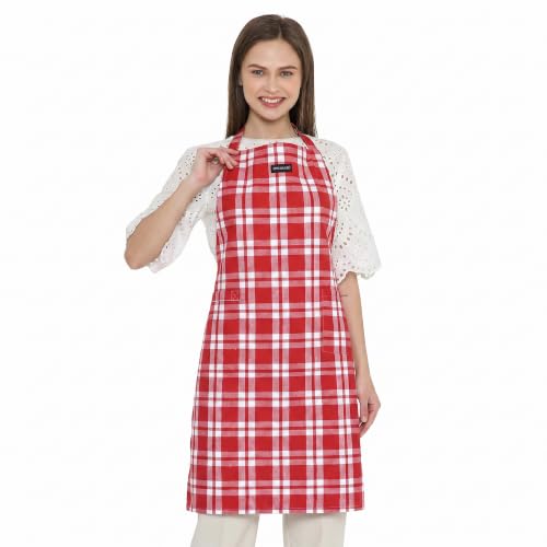 Image of Encasa XO Cotton Cooking kitchen Apron for Women and Men chef apron With adjustable neckstrap, Pocket & Towel Holder for Easy cooking, Baking, BBQ, Gardening- Franca Red Checks, 68x85 cm