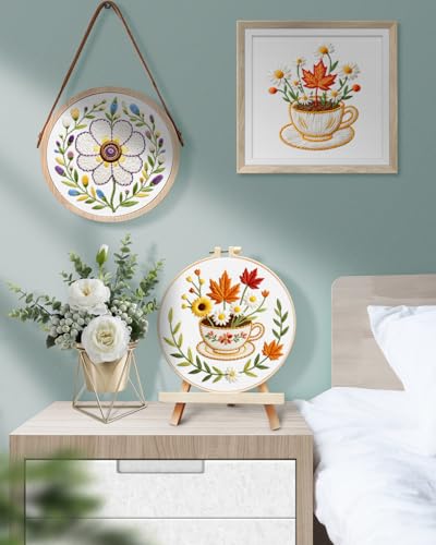 Image of TINDTOP Embroidery Kit for Adult, 3 Pack Embroidery DIY Starter Kit, with Stamped Patterns, Hoop, Tools, Colorful Threads with Needles, Instructions (Flower Cup) | with Stamped Patterns, Hoop, Tools, Colorful Threads with Needles, Instructions (Flower Cup)