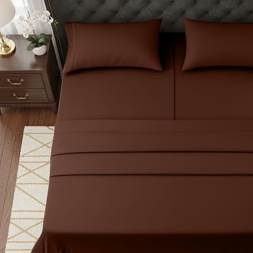 Image of Elegant Comfort Luxurious 1500 Premium Hotel Quality Microfiber Three Line Embroidered Softest 5-Piece Bed Sheet Set, Wrinkle and Fade Resistant, Split King, Chocolate Brown