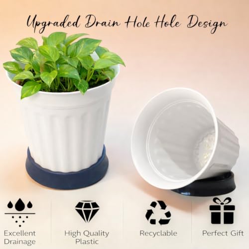 Image of TechHark WhitePlastic Plant Pots with Saucer, Ribbed Style, for Indoor and Outdoor Use, Set of 5