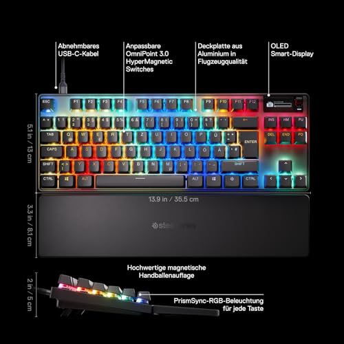 SteelSeries Apex Pro TKL Gen 3 - HyperMagnetic Gaming-Tastatur - OmniPoint 3.0 Switches - Anpassbares Ansprechverhalten - Rapid Trigger - Rapid Tap/SOCD - OLED - PBT-Keycaps - USB-C - DE Layout QWERTZ