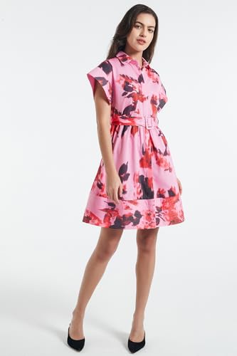 Image of D-Sun Women Button Down Shirt Dress V-Neck Floral Printed Short Sleeve Mini Dress Casual Belted Short Party with Pocket