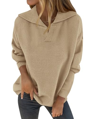 Zenlonr Womens Sweaters Fall Winter Clothes 2025 Casual Long Sleeve Lapel V Neck Knitted Pullover Jumper Tops(Khaki,Large)