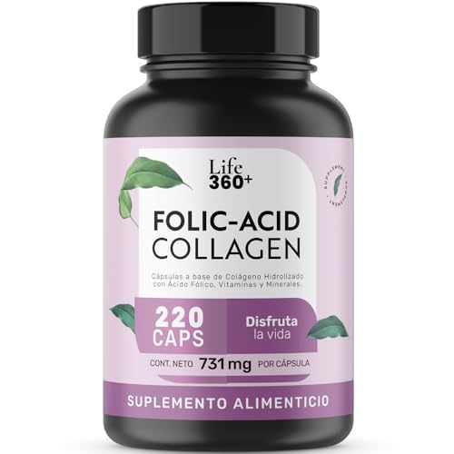 Life 360+ FOLIC ACID COLLAGEN | 220 cápsulas | Cápsulas a base de colágeno hidrolizado con ácido fólico, vitaminas y minerales | Suplemento Alimenticio |...