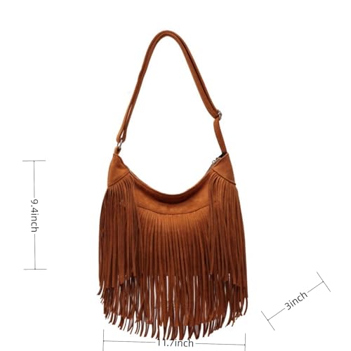 Image of Women Vintage Suede Fringe Hobo Bag Tote Shoulder Bag Crossbody Bag and Hippie Western Cowgirl Purse Shoulder Bag