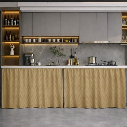 Image of LINENWALAS Under Sink Curtain for Kitchen - Pack of 2 | Herringbone Embossed Design Polyester Under-Sink Cover | Storage-Hiding Curtain with Rod Pocket | Kitchen & Bathroom (132x71 CM, Golden Beige)
