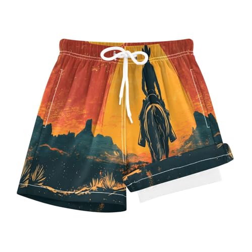 Boy Swim Trunks with Compression Liner Cowboys at Sunset Boys Swim Shorts Quick Dry Beach Shorts