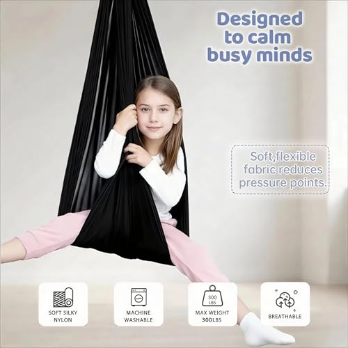 Image of Sensory Swing for Kids & Adults, Therapy Joy Swing for Autism, ADHD, SPD, Snuggle Swing Holds up to 300lbs has a Calming Effect on Children with Sensory Needs (Black, only Fabric)