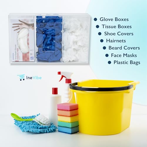Image of IneVibe Triple Hygiene Holder - 3 Compartment Acrylic Dispenser with Lid for Hairnets, Glove Boxes, Face Masks, Plastic Bags, Tissue Boxes in Home or Medical Setting - Counter or Wall Mount (Triple)