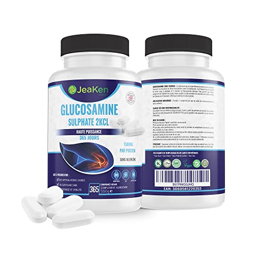 JeaKen - SULFATE DE GLUCOSAMINE 2KCl 1500mg | 365 Comprimés (Approvisionnement pour 1 An) | Végétariens et Végétaliens | Complement Alimentaire Anti Arthrose et Articulation Douloureuse