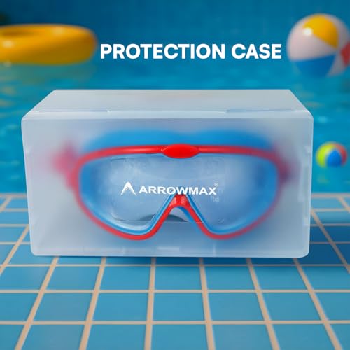 Image of ArrowMax Swimming Goggles for Kids 3-14 Years | Anti-Fog Swim Goggles with UV Protection & Ear Plugs | Leak-Proof Adjustable Goggles for Boys & Girls | Free Case Included (Red /Blue)