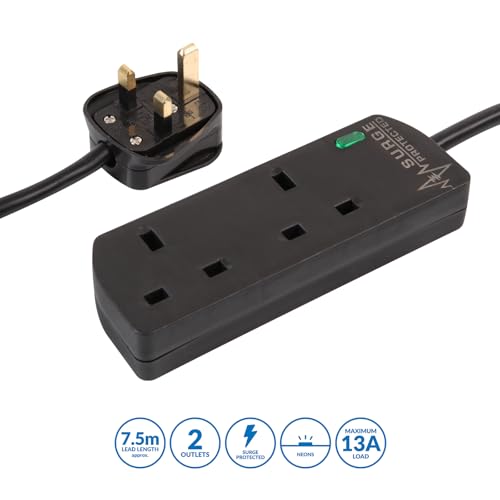 PRO ELEC 2 Gang Surge Protected Extension Lead 7.5m - UK Plug, 13A, Neon Indicator, Black - PELB1990
