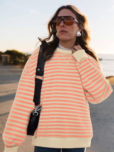 Image of PRETTYGARDEN Womens Striped Oversized Sweatshirt Color Block Crew Neck Long Sleeve Casual Loose Pullover Top Y2K Clothes