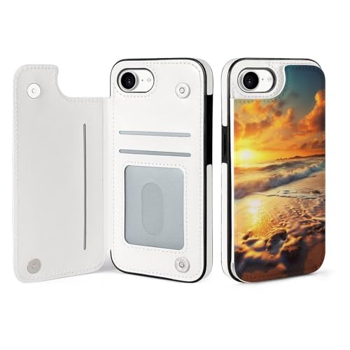 Étui portefeuille iPhone 16 E à rabat en cuir avec motif plage et coucher de soleil