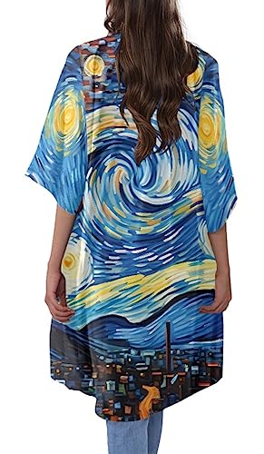 Women's Casual Van Gogh The Great Wave Print Kimonos Half Sleeve Long Cardigan