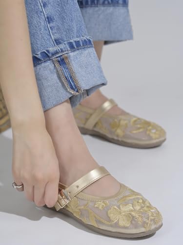 Image of Shoetopia Women's Embroidered Belly Shoes - Soft Comfortable Flats with Adjustable Strap | Traditional Floral Design for Casual & Ethnic Footwear