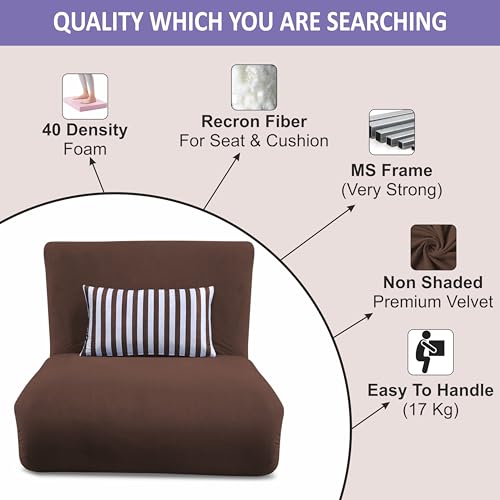Image of Adorn India Easy Multi Mode 1 Seater Sofa Cum Bed | Velvet Fabric | Brown | Stripes Design | Comfortable Seating | Washable Cover | Perfect for Home & Office