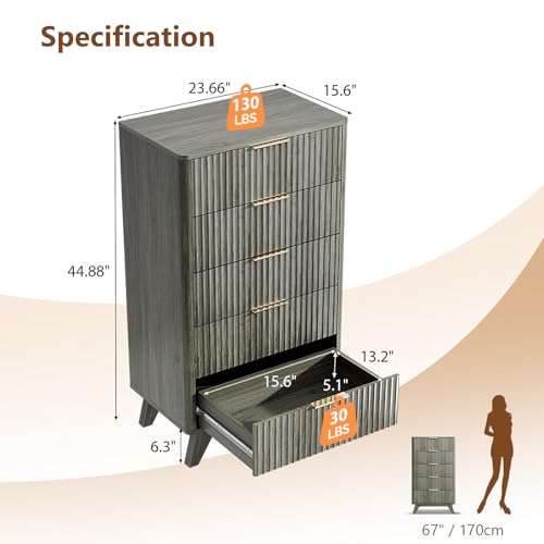 Image of VINGLI Fluted Tall Dresser 5 Drawer, 23.66 inch W Chest of Drawers Gray Wood Dresser with Rounded Edges, Grey Dressers for Bedroom, 23.66 inch W*15.6 inch D*44.88 inch H