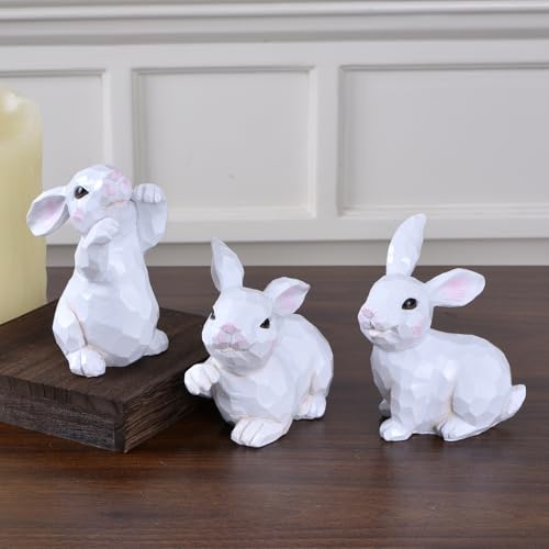 Easter Bunny Figurines 3PCS White Resin Rabbit Decor with Hand-Carved Texture Cute Easter Bunnies Collectables for Home Spring Tabletop Centerpiece Tiered Tray Shelf (White)