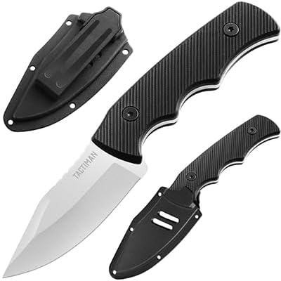 TACTIMAN Cuchillo de hoja fija táctico de supervivencia con funda de plástico, cuchillo de campamento 8Cr13MoV hoja de acero inoxidable G10 mango de