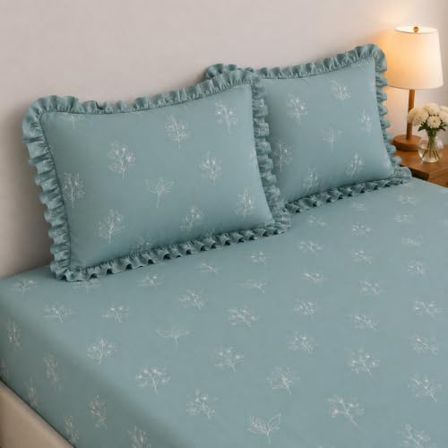Image of King Size Fitted Bedsheet for Double Bed | 300 TC Cotton Feel Microfiber | All Around Elastic with 2 Frill Pillow Covers | Soft & Durable | (Design3, Fitted - Double72x72)