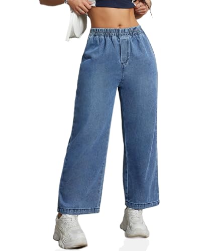 Womens Wide Leg Cropped Jeans 90s Elastic Waist Baggy Pull On Denim Pants for Woman 2024 Trendy