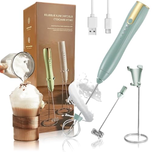 Elegirme 泡立て器 電動 ミルクフォーマー＆ホイッパー ２種類のシャフト付き/3段階スピード調整/USB-C充電式/コードレス/取扱簡単/専用スタンド付き 小型 静音 コーヒー カプチーノ 卵 生クリーム メレンゲ クリーマー ハンドミキサー 日本語説明書付き - グリーンのサムネイル