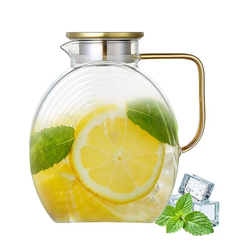 Image of Upgraded Thickened Version 77oz Large Glass Water Pitcher with Gold Lid for Fridge Wide Handle Coffee Carafe for Party Water Jug Lemonade Iced Tea Jug Juice Sun Tea Jar for Drinks(Clear)