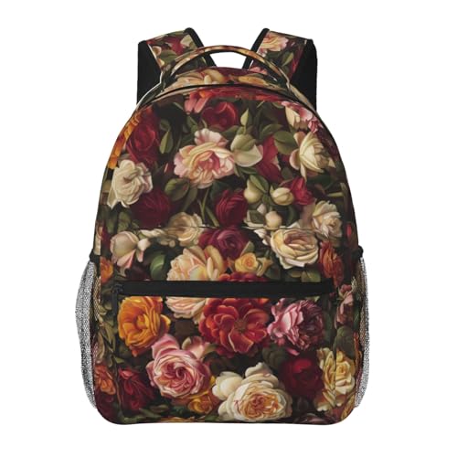 dhakalrlde Mochila floral rosa vintage para viagens, trabalho, escola, esportes, presentes, durável, poliéster, leve, acampamento, caminhada, elegante, botânica, escura, para mulheres e meninas, 40 cm