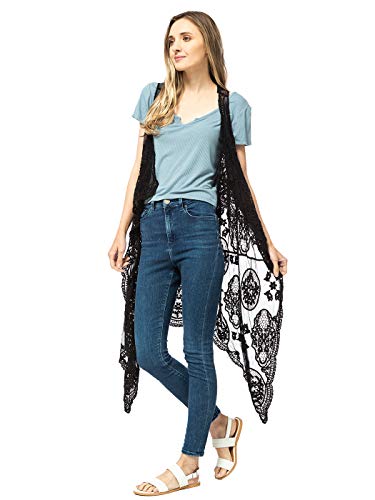 Anna-Kaci Womens Sleeveless Open Front Crochet Shawl Cardigan Bikini Cover Up ,Black,One Size