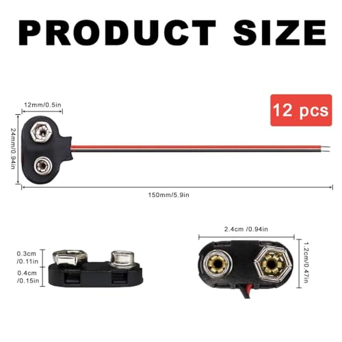 12 Pcs 9V Battery Snap Connector, T-type Combination Battery Clip with 15cm Cable for 9V Plastic Leather Batteries Connection Cable LED Strip Connector Buckle