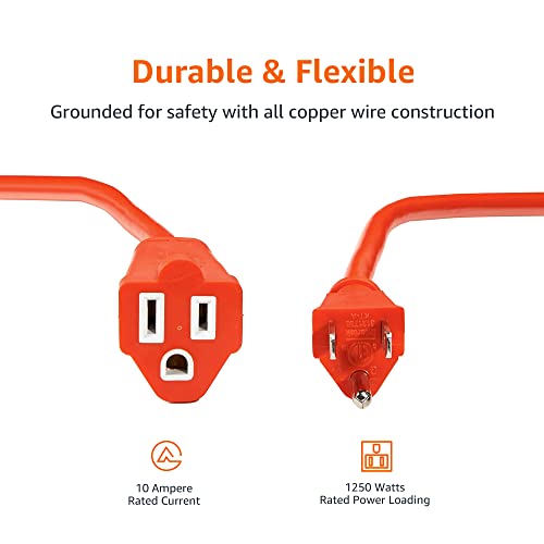 Image of Amazon Basics 100 Foot 3-Prong Vinyl Indoor /Outdoor Extension Cord, Long Power Cord, Grounded Plug for Safety, Moisture Resistant, 10 Amps, 1250 Watts, 125 VAC, Orange