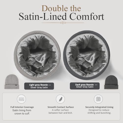 Image of 2 Pack Satin Lined Beanies for Men and Women Warm Cuffed Winter Hats | 60% cotton and 40% acrylic knit with smooth satin lining, stretch fit, cuffed ear coverage, and two-hat value for winter wear