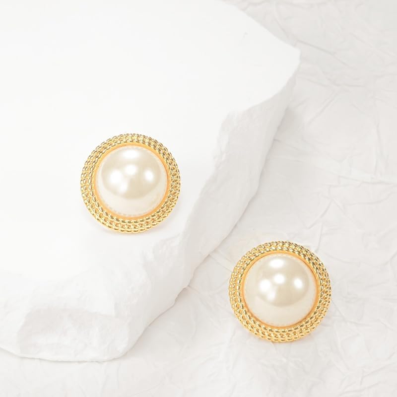 Pearl Stud Earrings for Women, Faux Large Gold Pearl Earrings Studs, Dainty White Big Pearl Earrings Pearl Statement Earrings Gold Studs