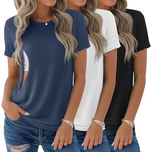 Image of Sweetyweee 3 Pack Women's Maternity Nursing Shirt for Breastfeeding Hidden Zipper Short Sleeve Crew Neck Pregnancy Top