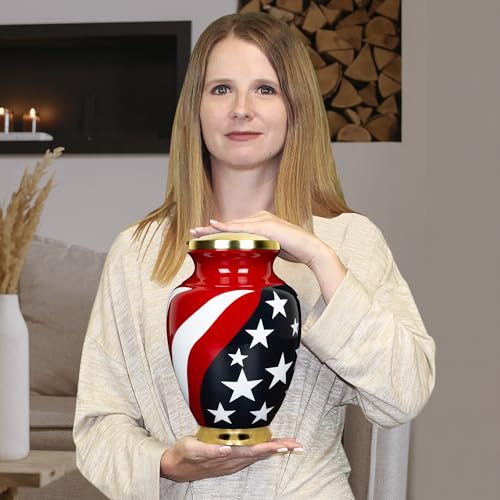 Image of Trupoint Memorials Cremation Urns for Human Ashes, Military and Patriotic Decorative Burial Urn for Veteran Adult Men and Women, Large Red