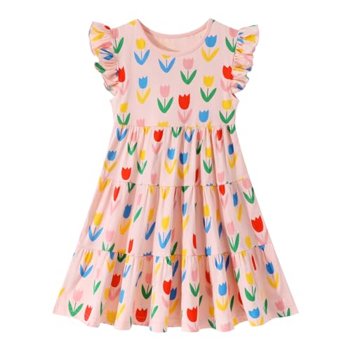 Image of HILEELANG Girls Cotton Tiered Dress Flutter Ruffle Sleeve Summer Swing Sundress Birthday Party Casual Outfit Colorblock 2-12Y