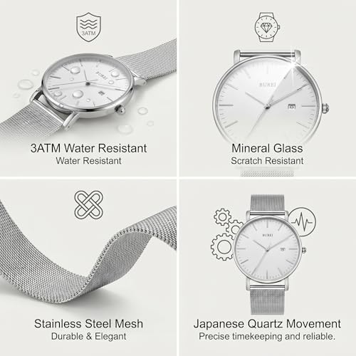BUREI Ultra Thin Minimalist Men Watch, All Silver Stainless Steel Mesh Band,Analog Waterproof Casual Business Wristwatch, Gift for Father - 2