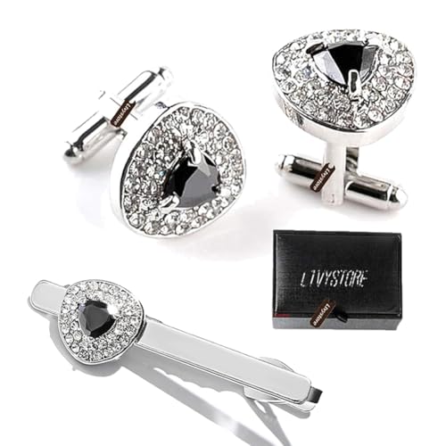 Ltvystore Luxury Black Crystal White Rhinestones Heart Cufflinks with Tie
