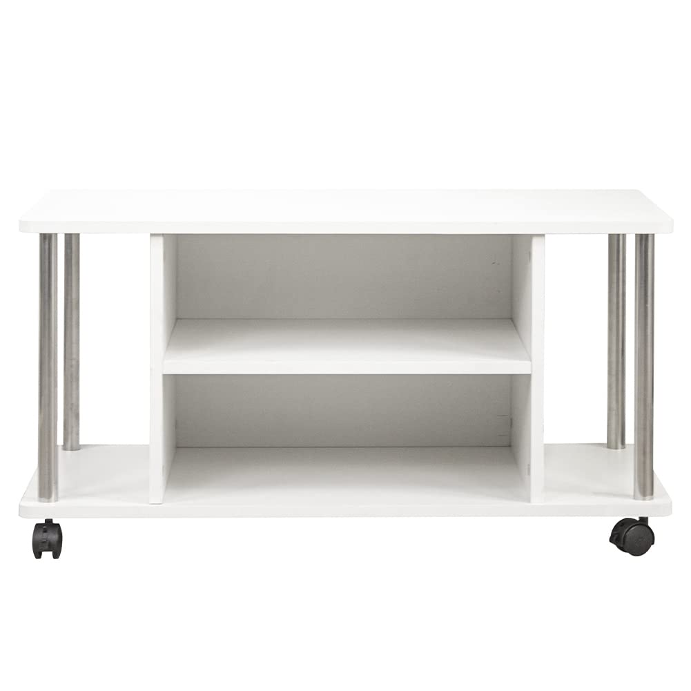 BAKAJI Carrello Porta Tv Bianco con 4 ruote Mobile orizzontale basso per Televisore Legno MDF Carrello Tavolino Moderno di Design Arredamento con Ripiani Mensole Portaoggetti Funzionale