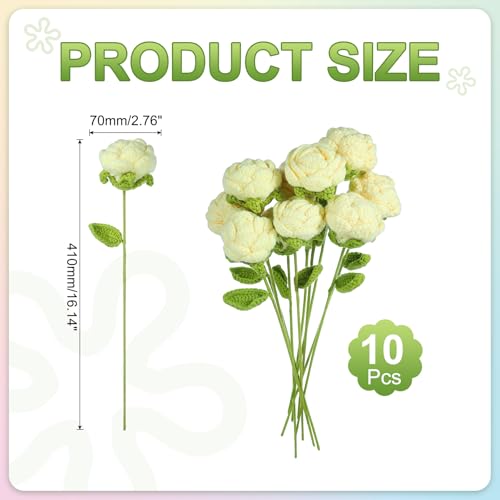 QUARKZMAN Gehäkelte Blumen Handgefertigte Strickrosen Künstliche Gewebte Kleine Topfpflanzen mit Stielen für Valentinstagsgeschenke Zuhause Hochzeit Party Büro, Creme Gelb Menge 10