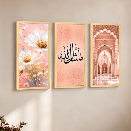 Image of PAINTINGMANTRA Islamic wall decor items, Set of 3 Mashallah Arabic Calligraphy Framed Poster Pink Floral Daisy Mosque Arch Muslim Ramadan Eid Gift & Home Decor (Size: 8x18 Inch)