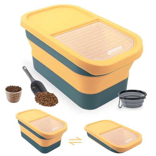 Druuzyl Hundefutter Aufbewahrungsbox 5kg - Faltbarer Futterbehälter für Trockenfutter mit Deckel, Messbecher & Löffel, Luftdicht, Haustierfutter-Container für Hund/Katze mit Faltbare Hundenapf,gelb