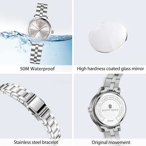 Image of Sapphero Ladies Watch Easy to Read Wristwatch, Women's Quartz Watch with Stainless Steel Strap, 5 ATM Waterproof, Classic Elegance Women Business Waterproof Watch