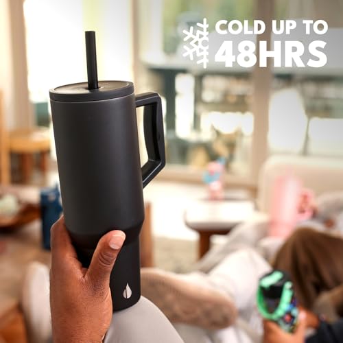 Image of Elemental Spill Proof 40oz Insulated Tumbler with Handle & Straw Travel Mug | Stainless Steel Commuter Travel Coffee Mug for Cold Beverages, Includes 2 Straws & a Spill Proof Lid for Everyday Use