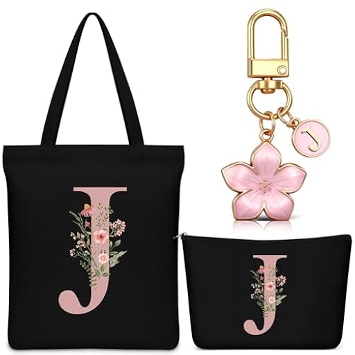 Hestya Set 3 Regalos para Mujer Bolso Tote Personalizado con Inicial Bolsa de Compras de Lona Neceser con Alfabeto Bolso de Maquillaje Llavero con Letra para Amiga Colega Cumpleaños Boda (Negro, J) | Ya disponible en tu tienda friki favorita! En mundofriki.es! Hestya Set 3 Regalos para Mujer Bolso Tote Personalizado con Inicial Bolsa de Compras de Lona Neceser con Alfabeto Bolso de Maquillaje Llavero con Letra para Amiga Colega Cumpleaños Boda (Negro, J) | Ya disponible en tu tienda friki favorita! En mundofriki.es!