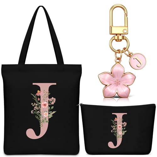 Hestya Set 3 Regalos para Mujer Bolso Tote Personalizado con Inicial Bolsa de Compras de Lona Neceser con Alfabeto Bolso de Maquillaje Llavero con Letra para Amiga Colega Cumpleaños Boda (Negro, J)