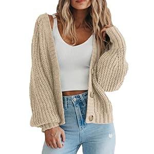 PRETTYGARDEN Women’s Chunky Knit Open Front Sweater Long Sleeve Button Loose Short Cardigan Outerwear Coats