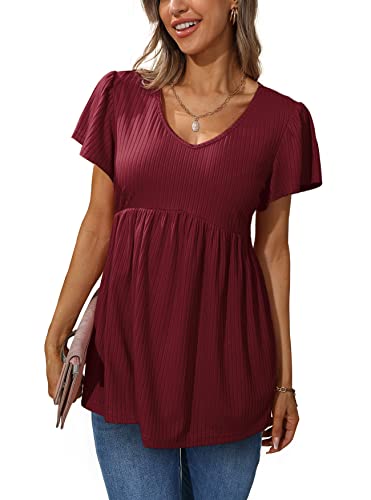Glanzition Women Ruffle Short Sleeve V Neck Oversized Shirt Tunic Babydoll Tops2
