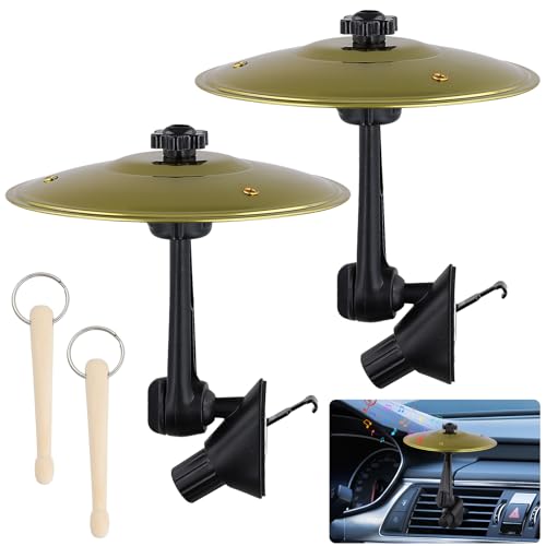 2 Pcs Cymbale Crash Voiture, Réglable 360°, 2 Têtes Pivotante, 14 cm Mini Cymbale Tambour Acier Inoxydable avec 2 Mini Baguettes, Batterie Musique, Grille...
